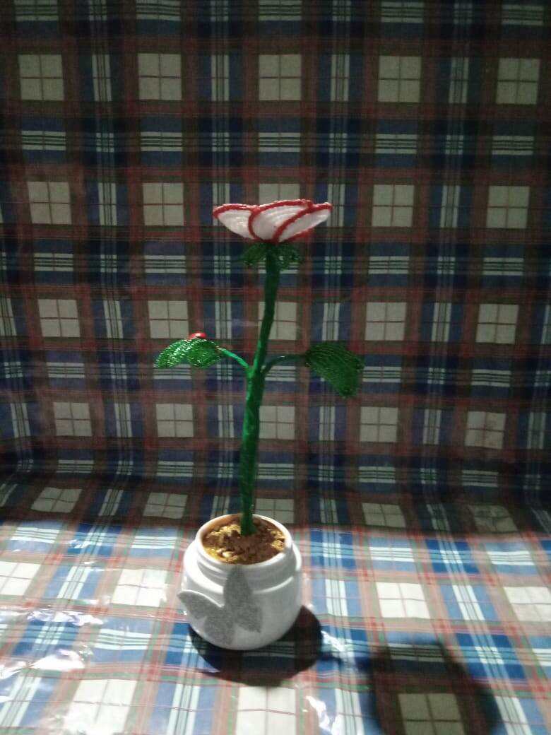  Бисер белый ,красный , зелёный . Зелёный скотч ,  божья коровка,  гипс , баночка для цветочка , краска акрил .