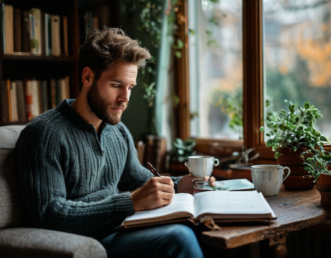 Человек в уютном уголке с чашкой кофе и планировщиком в руках, начиная утро с записи целей.