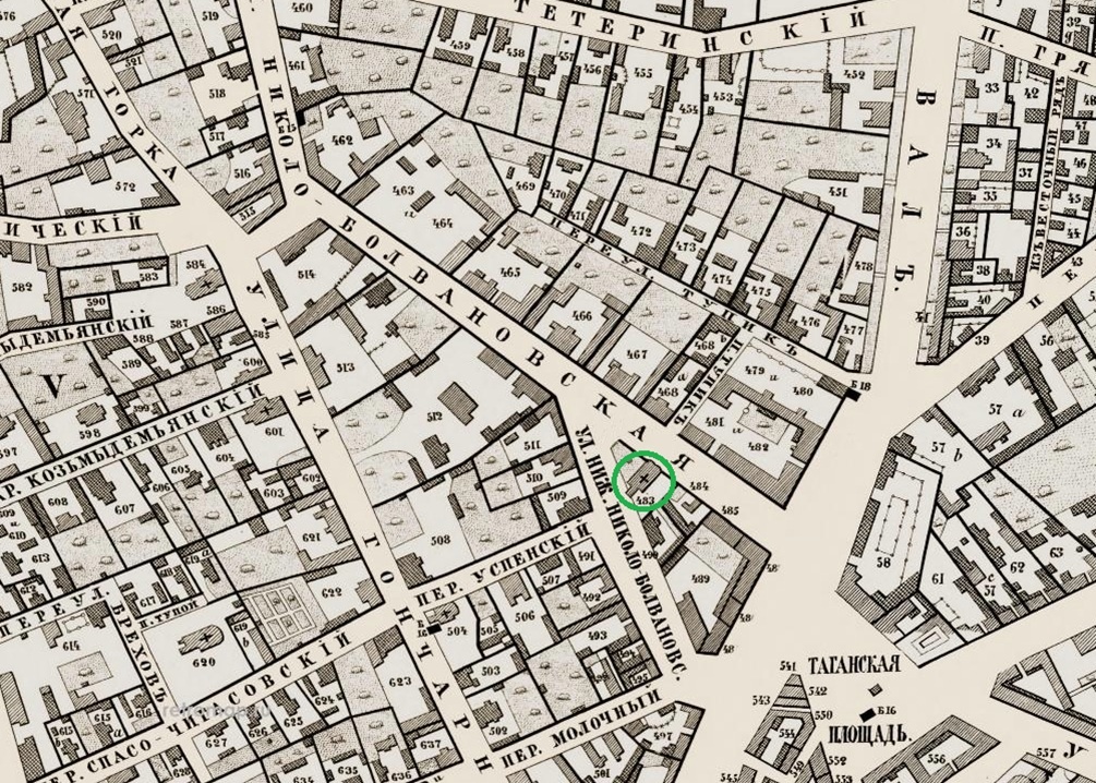 Храм Святителя Николая на Болвановке выделен зеленым