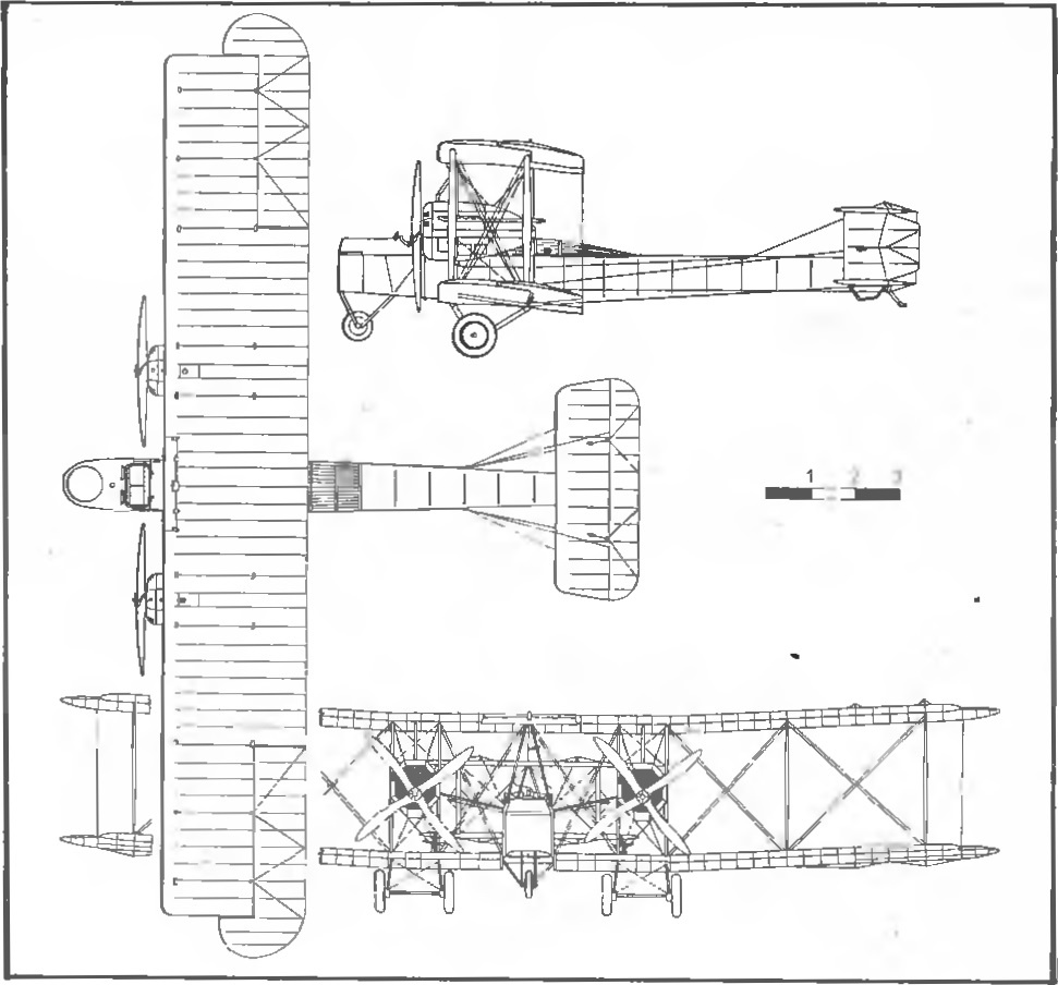 схема самолета Vickers Vimy Transatlantic. Самолет имел длину 13,2 метров, площадь крыльев 122,4 кв. метра. Масса пустого самолета составляла 3174 кг, взлетная масса – 6030 кг. Максимальная скорость 160-180 км/ч (во время перелета самолет смог развивать скорость до 190 км/ч), крейсерская скорость 144 км/ч. Чертеж из архива автора

