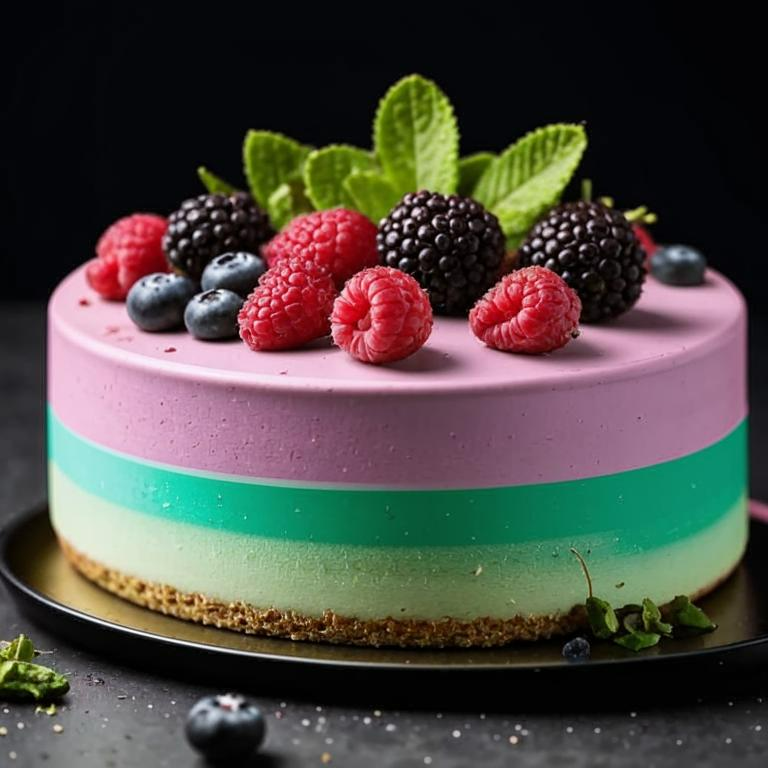 Торт "Суфле-мусс" с тонким коржом-основой, слоем суфле-мусса, с ягодами и листьями мяты.