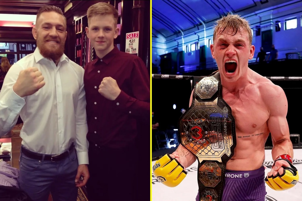 Слева фото юнного Иэна Гэрри со своим кумиром Конором Макгрегором, Справа фото Гэрри с чемпионским титулом Cage Warriors