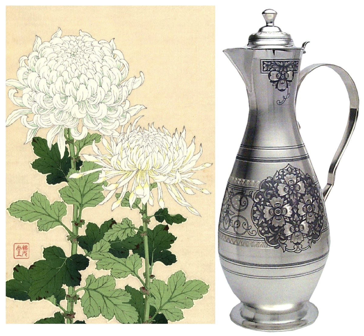 Японская картина с белыми хризантемами