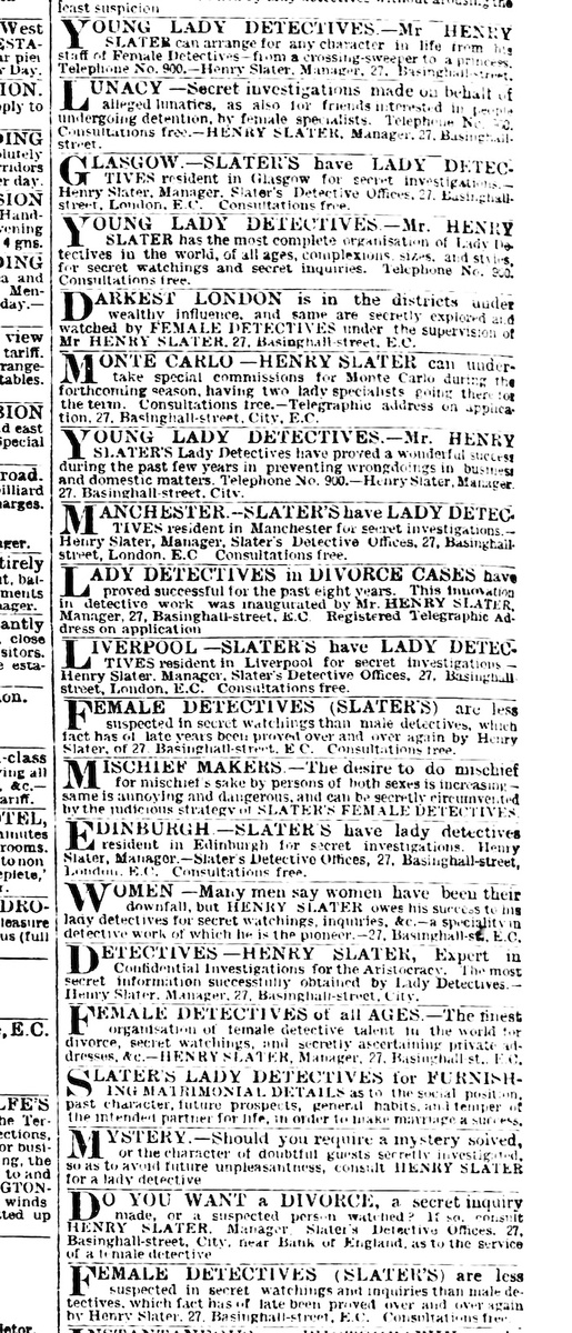 Реклама «Женщин-детективов мистера Генри Слейтера» в Daily Telegraph , 1893 г.