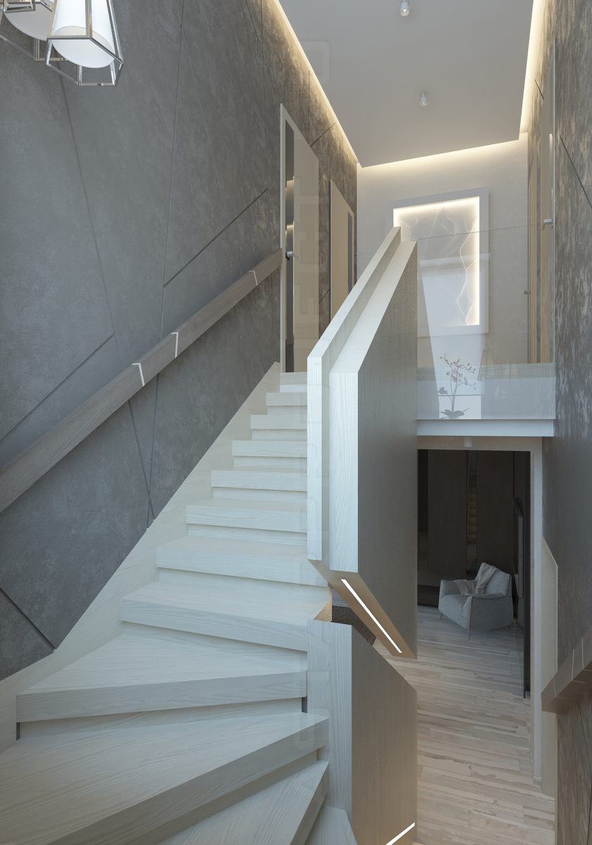 Визуализация и фотография лестницы дизайн-проекта "+1"