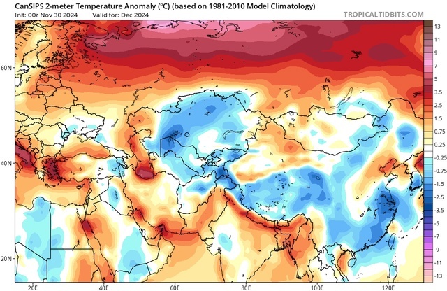 Отклонение от нормы температуры в декабре