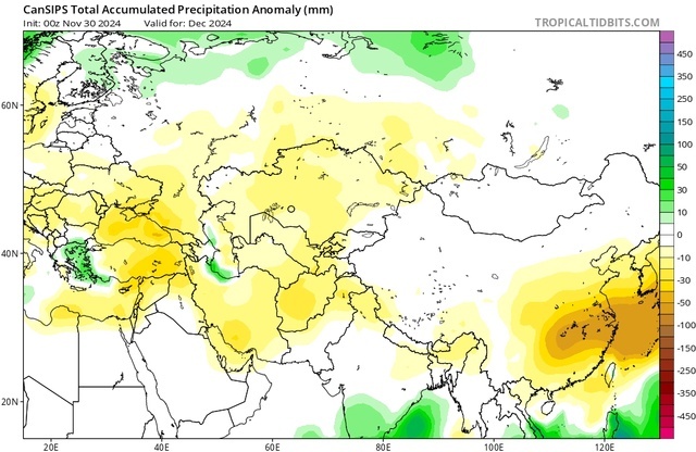 Отклонение количества осадков от нормы в декабре 