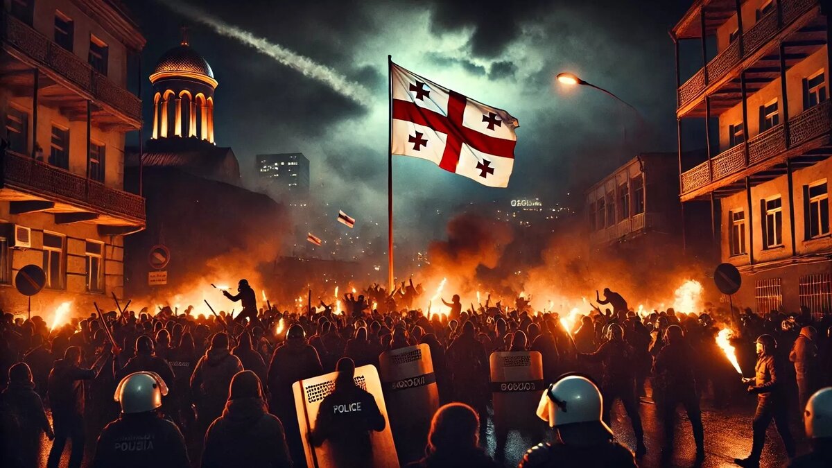 В Тбилиси митингующие впервые атаковали полицию горючей смесью. Источник: 1MI