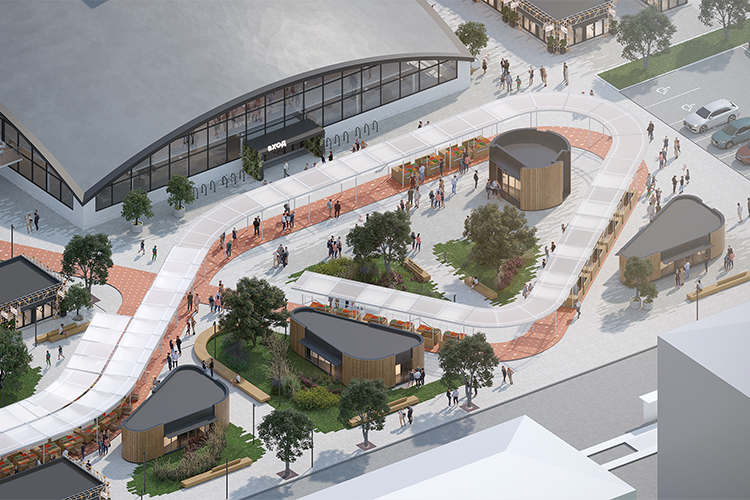    «Ближе к лету запустим уличную территорию, там предстоит еще достаточное количество работы, в том числе по озеленению».   
Эскиз предоставлен пресс-службой Московского рынка