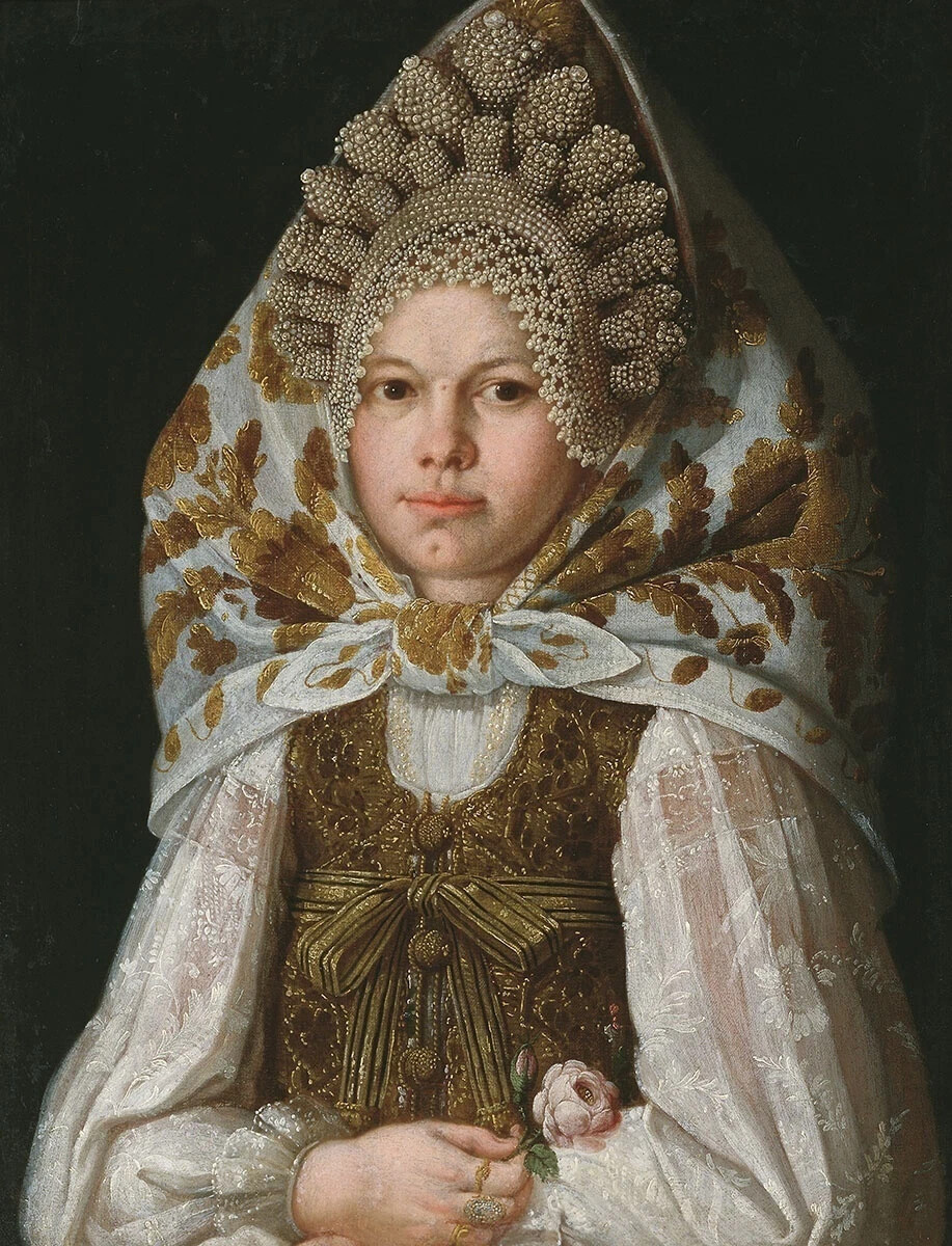 "Торопчанка с цветком". Неизвестный художник. первая пол. 19 в. (картина из коллекции Ф.М.Плюшкина)