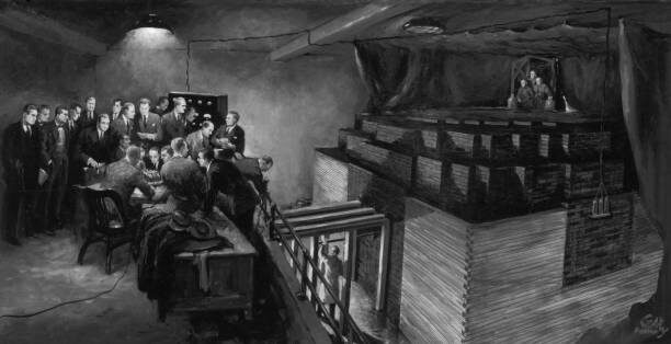 Картина, на которой Энрико Ферми и его коллеги наблюдают за работой первой ядерной реакторной установки на корте для сквоша в Чикагском университете, 2 декабря 1942 года.