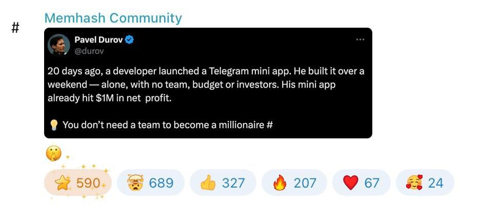 Дуров снова пиарит Memhash Рекомендуем вам войти, чтобы получить токены. Мы хотим вместе с вами наслаждаться будущим. Вход платный 666 звезд. Монеты со всего мира добывают 45 тысяч пользователей, все эти люди получат праздник на новый год и большой джекпот.🤡Помните, в хомяке было 300 миллионов человек, здесь их 45 тысяч.🥵 Всего 1 миллиард монет. 17% уже добыто.▶️Заходите, пока не поздно. Потом не говорите, что мы вас не предупреждали.🕒✅Заходим👉Memhash👈