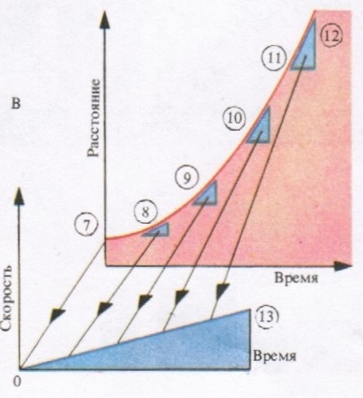 Падающий молоток (А) снят в шести положениях с интервалом 0,03 с, и по фотографиям поороен график движения молотка (Б). Крутизна кривой изменяется от точки к точке. Измерить ее можно, строя в каждой точке касательный прямоугольный треугольник с единичным вертикальным катетом и подсчитывая длину горизонтального катета (В). Крутизна кривой 12 в точках 7-11 составляет соответственно 0 : 2, 1 : 2, 2 : 2, 3 : 2 и 4 : 2, или 0, 0,5, 1, 1,5 и 2. Изменение крутизны кривой 12 показывает кривая 13. (Построение кривой изменения крутизны называется дифференцированием, а переход от нее к исходной кривой -интегрированием.) Кривизна кривой движения (Б) за первую экспозицию определяется падением по вертикали на 2,8 см за 0,02 с; скорость молотка 2,8 : 0,02 - 140 см/с. Аналогичные измерения крутизны позволяют определить скорость в других точках и построить кривую изменения скорости, которая сначала убывает с расстоянием. Ускорение (скорость изменения скорости со временем) крутизна кривой изменения скорости -постоянно, пока молоток падает свободно. При экспозиции 3 молоток ударяется о шляпку гвоздя со скоростью 200 см с, и тут начинается самое интересное. За миллисекунду скорость молотка падает до 40 см/с В результате ускорение подскакивает до величины, более чем в 100 раз превышающей ускорение свободного падения. По закону Ньютона это означает, что на гвоздь действует сила, более чем в 100 раз превышающая вес молотка. На этом и основано действие молотка: резкое торможение его головки порождает большую силу. Когда дерево поддается под гвоздем, удар подбрасывает молоток вверх, после чего он вновь начинает свободно падать с равномерно возрастающей скоростью и постоянным ускорением.