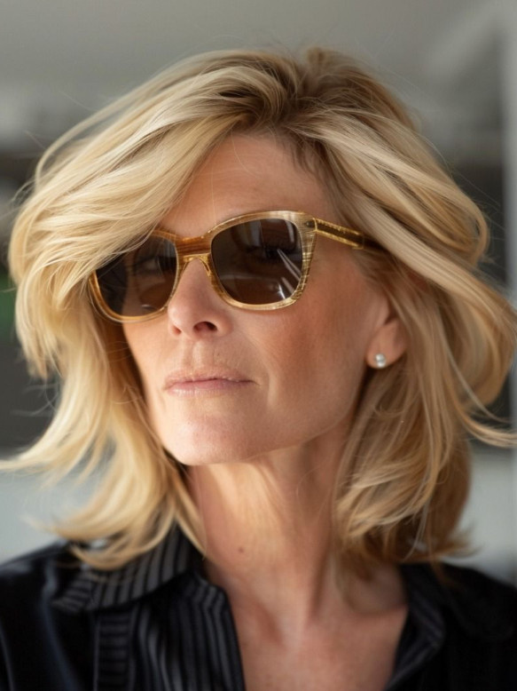 Женщина в возрасте 60+ лет с омолаживающим цветом волос: медовый блонд - тренды 2025