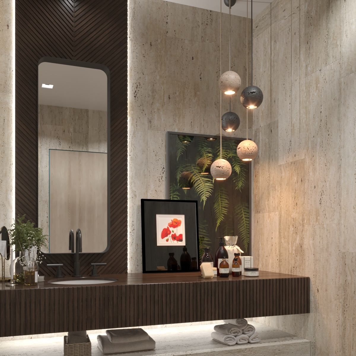 Линия Travertino из камня травертин дополнена настенным светильником UP DOWN. Светильник отлично впишется в пространства с природными материалами, также благодаря вертикальной форме светильники будут визуально увеличивать пространство по высоте.