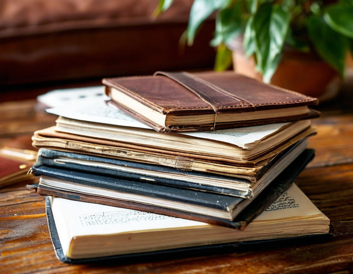 Стопка книг или блокнот с записками о финансовом планировании и сбережениях рядом с кошельком.