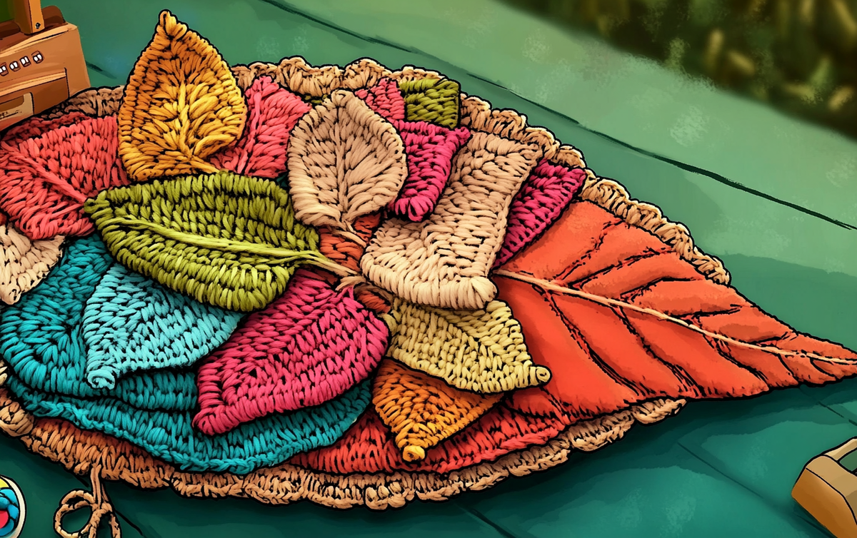    вязанный_коврик_крючком_виде_листа Ленивое Вязание