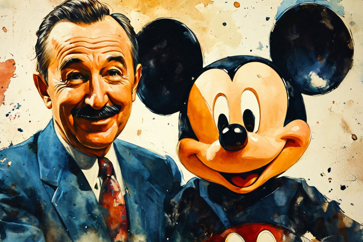 Уолт Дисней и его самое узнаваемое в мире творение — Микки Маус. Изображение создано с помощью ИИ