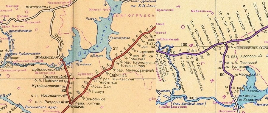 Карта южного и северного участков ж/д на пути к Цимлянской ГЭС