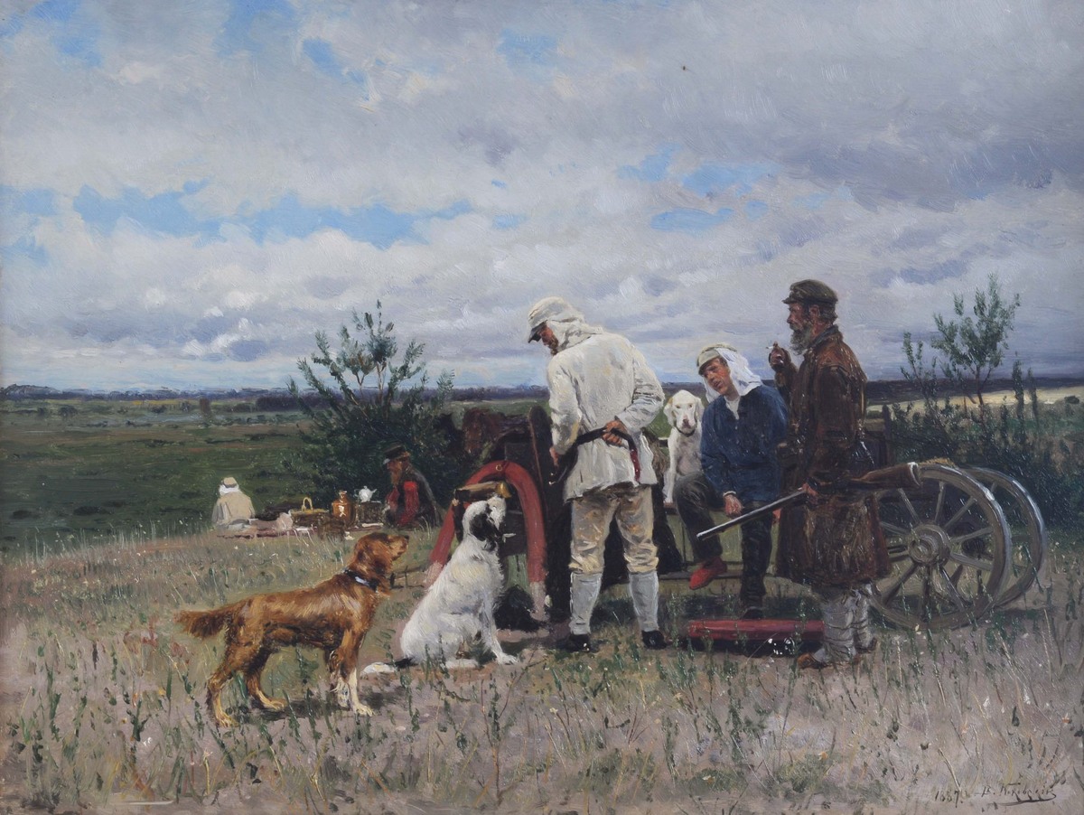 Владимир Егорович Маковский, «Привал охотников» («Охотники на привале»), 1887 год. Из собрания Серпуховского историко-художественного музея