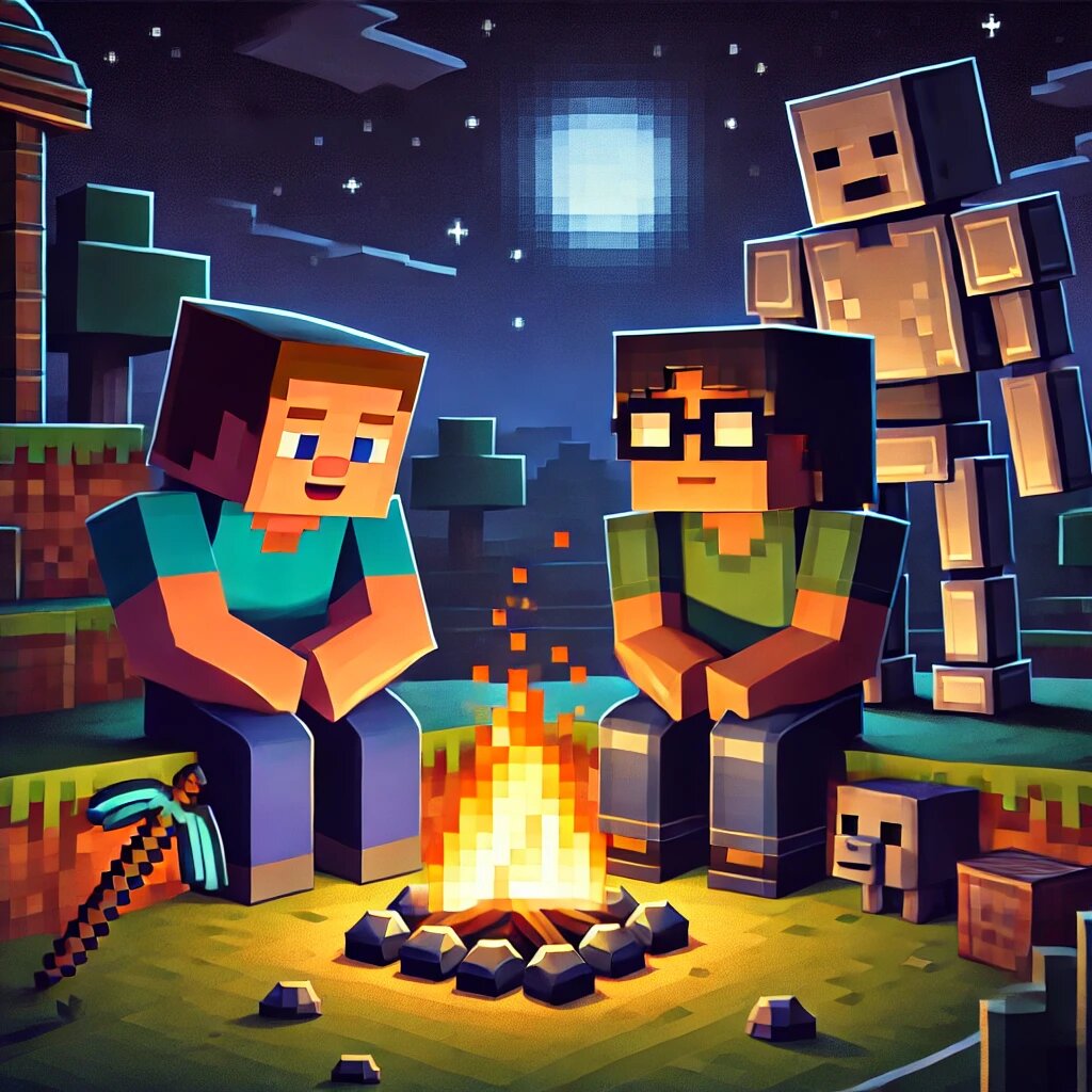 Стив и Вилл обсуждают план похода к порталу, а голем стоит неподалеку