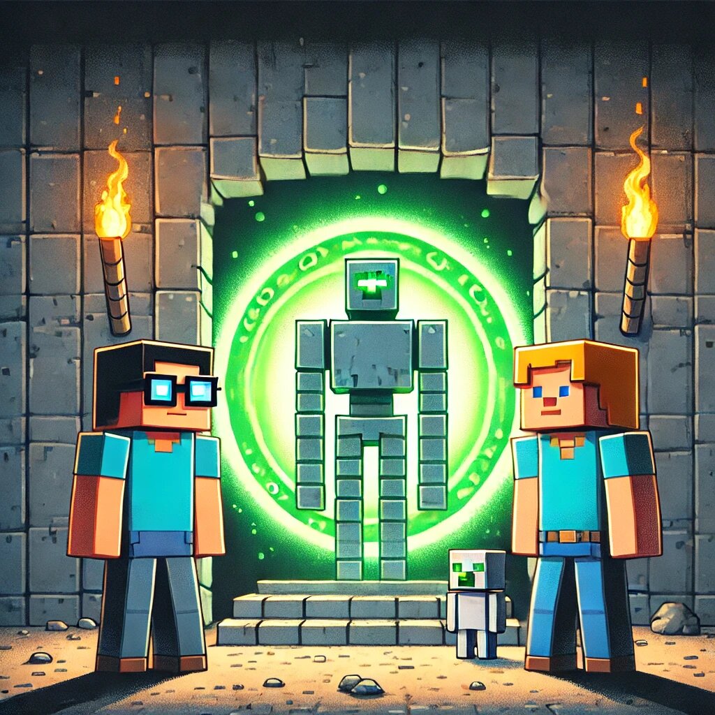 Троица готовится к путешествию, стоя перед порталом