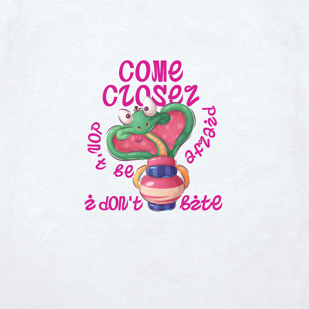 Принт на футболке оверсайз «Подходи поближе, не бойся, я не кусаюсь.»