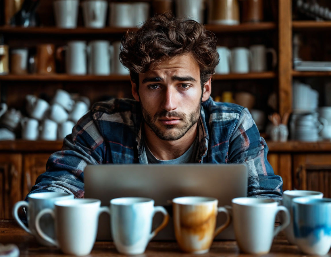 Человек с усталым видом сидит за ноутбуком, окружённый пустыми кружками от кофе.