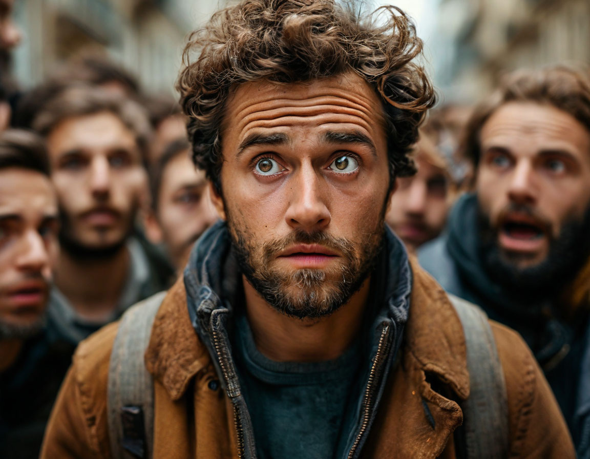 Человек в окружении группы, но с растерянным выражением лица, символизирующим разрыв между мнениями окружающих.
