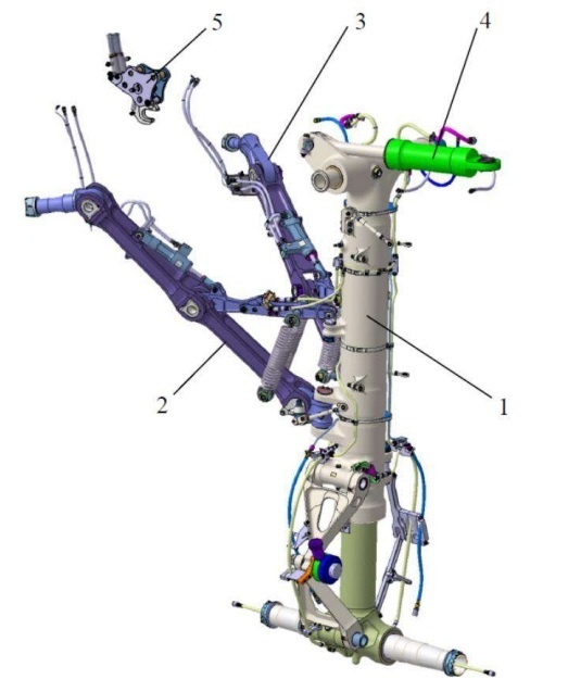 (1) - амортизационная стойка основной опоры; (2) и (3) - передний и задний подкосы; (4) - гидроцилиндр уборки-выпуска (5) - замок убранного положения