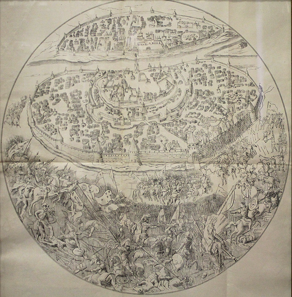 План города Новгорода с изображением нашествия суздальцев в 1170 году, Литография В. Прохорова, нач. 20 в. Фото с нашего сайта dvaveka.ru