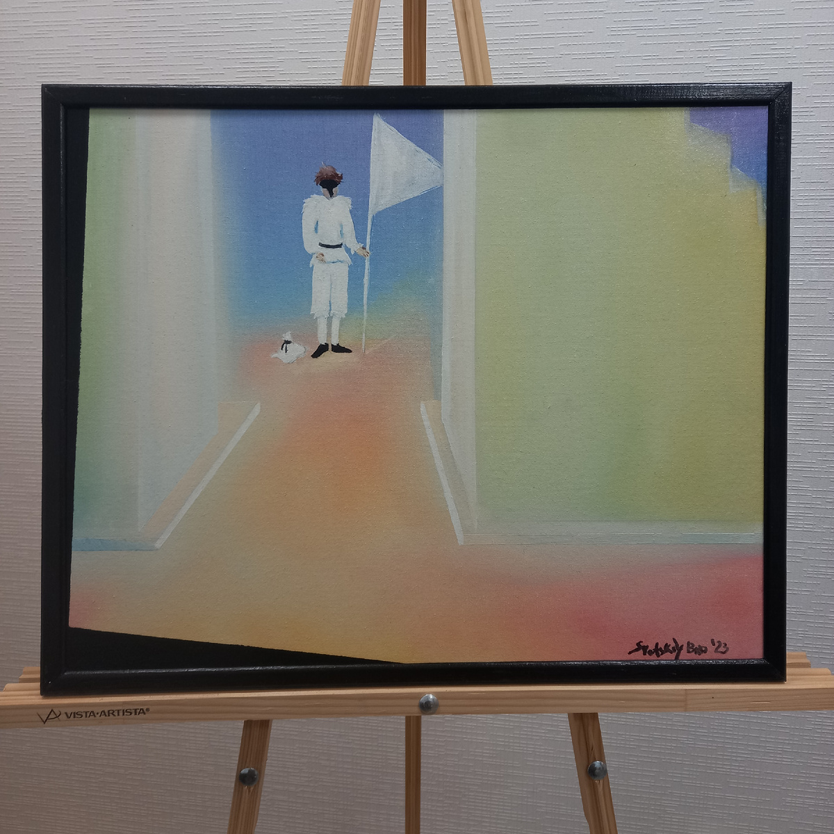 Масло. Холст на картоне 50 на 40 (см)
Сцена из балета «Пульчинелла» Ильи Живого и Сони Вартанян.