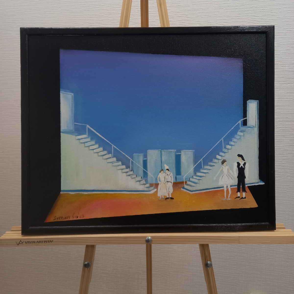 Масло. Холст на картоне 50 на 40 (см)
Сцена из балета «Пульчинелла» Ильи Живого и Сони Вартанян.