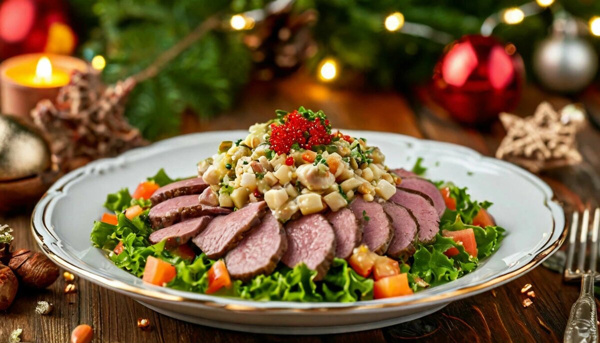 оливье с говяжим языком