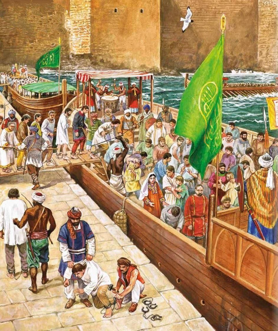 Арабские и африканские солдаты, погружают пленных греков на корабли после осады Фессалоник 904 года.