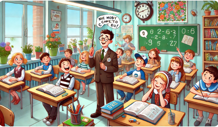 Вот изображение с веселой сценой в классе: учитель с книгой "100 лучших школьных анекдотов", ученики смеются, один держит табличку "Не могу больше смеяться!", а другой случайно упал со стула. 😄