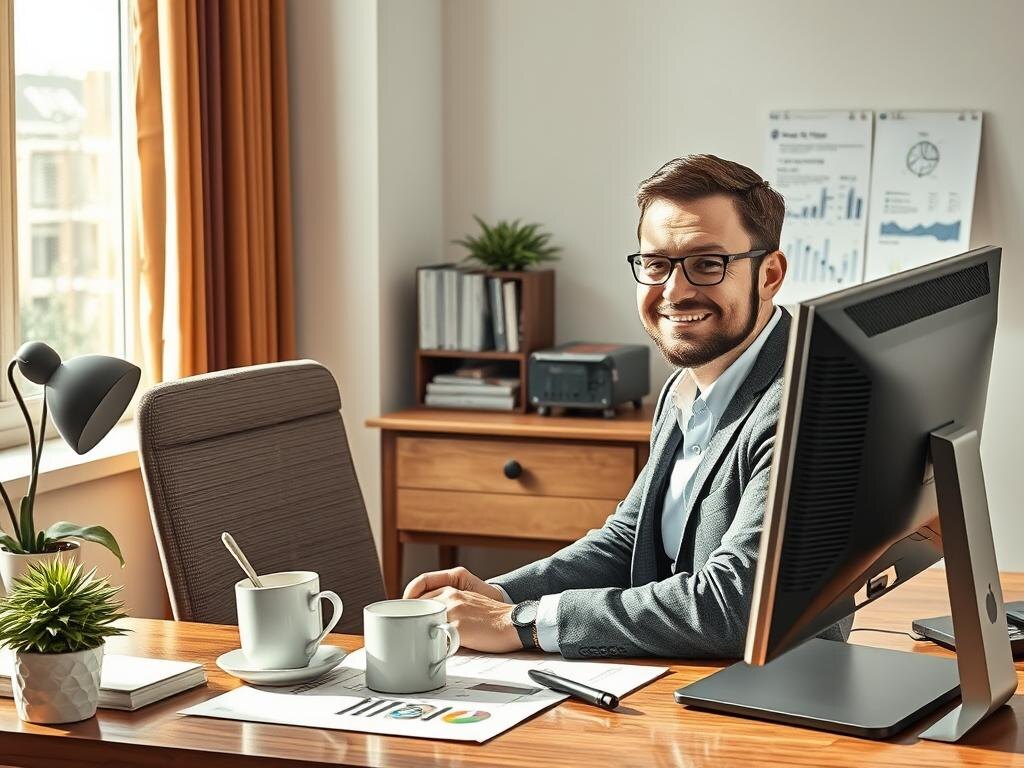    Улыбающийся предприниматель за работой