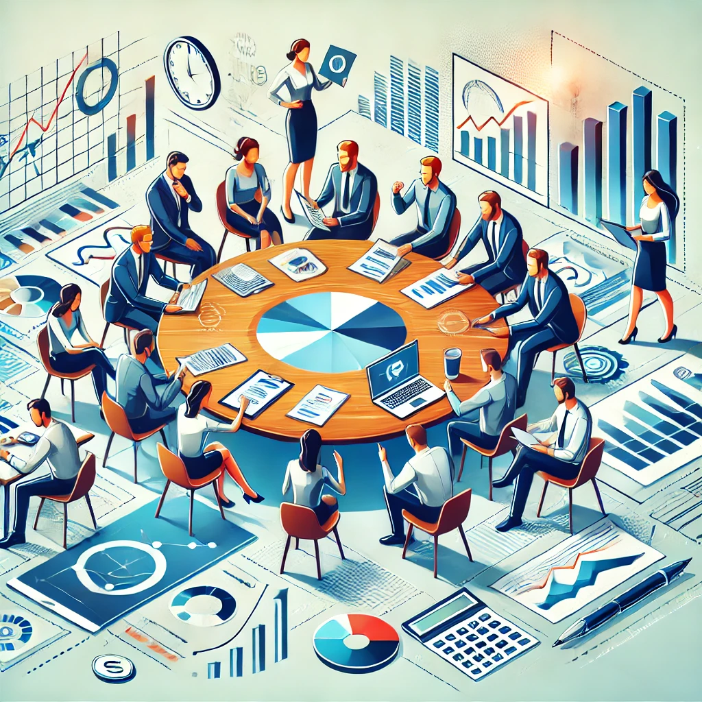 Иллюстрация, на которой группа людей обсуждает и планирует свои финансовые цели. Они сидят за столом с бумагами, графиками и ноутбуком, активно анализируя и принимая финансовые решения. Вокруг них можно увидеть элементы, символизирующие финансовый успех, такие как графики роста и финансовые инструменты. Эта сцена отражает процесс планирования и совместной работы над достижением финансовых целей.