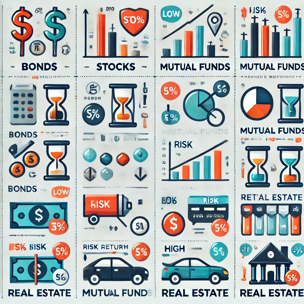 Инфографика, иллюстрирующая различные типы инвестиционных инструментов: облигации, акции, паевые инвестиционные фонды (ПИФы) и недвижимость. Каждый инструмент сопровождается цветными секциями, обозначающими уровень риска (низкий, средний, высокий) и ожидаемую доходность (низкая, средняя, высокая). Это визуальное объяснение помогает наглядно понять, какие инструменты могут быть подходящими для инвесторов с разным уровнем риска и целями.