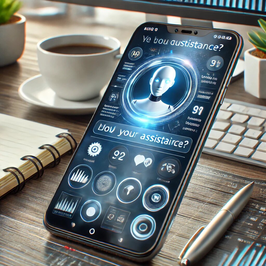 Интерфейс голосового ассистента на экране телефона, взаимодействующего с клиентом