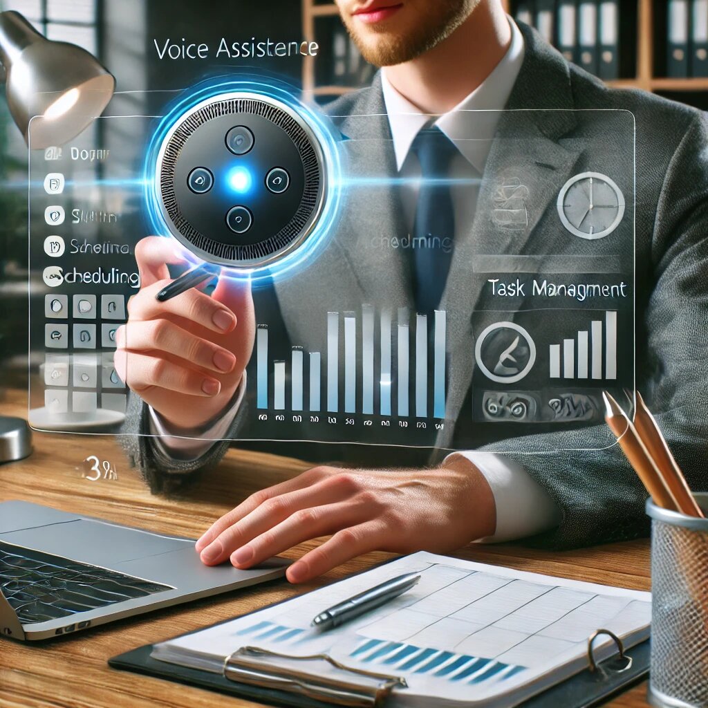 Сотрудник взаимодействует с голосовым ассистентом для выполнения рабочих задач