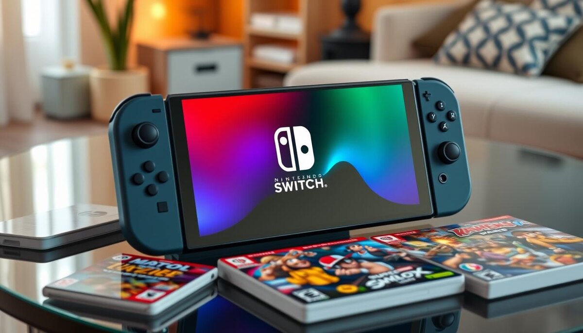 Элегантная OLED-консоль Nintendo Switch ярких цветов, демонстрирующая объем памяти 64 ГБ, размещена на стильном игровом столе в окружении популярных игровых картриджей и уютной игровой обстановки с мягким окружающим освещением.
