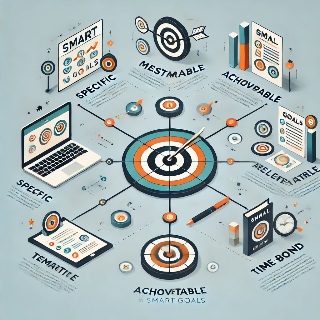 Инфографика, иллюстрирующая систему постановки целей SMART. На картинке представлены пять ключевых элементов: Specific (Конкретность), Measurable (Измеримость), Achievable (Достижимость), Relevant (Релевантность) и Time-bound (Ограниченность во времени). Каждый элемент визуально выделен с помощью простых и понятных иконок, что помогает наглядно объяснить, как правильно ставить цели для их успешного достижения.