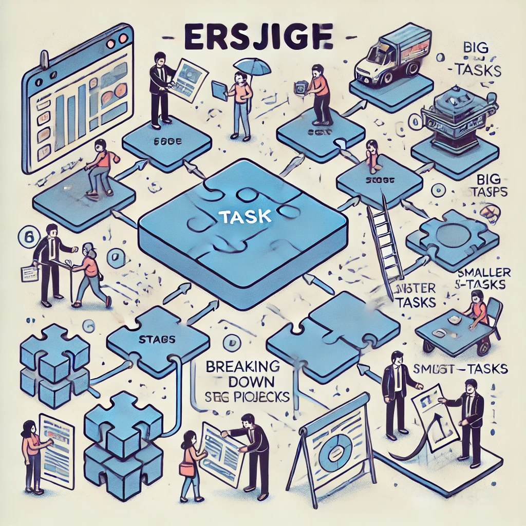 Изображение, на котором крупная задача разбивается на несколько подзадач, чтобы продемонстрировать, как можно управлять большими проектами. На картинке представлен пошаговый процесс, где каждая подзадача четко обозначена, что помогает увидеть, как разбивка помогает сделать работу более управляемой и доступной. Это визуальное представление показывает, как разделение задач облегчает выполнение крупных проектов.