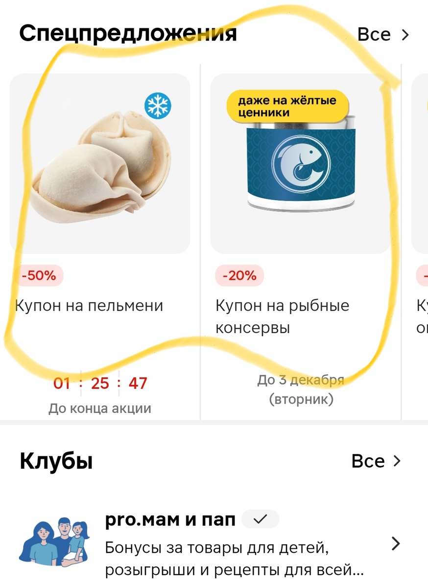 Отсюда можно показывать купоны на кассе и будет скидка 20 % даже на жёлтые ценники