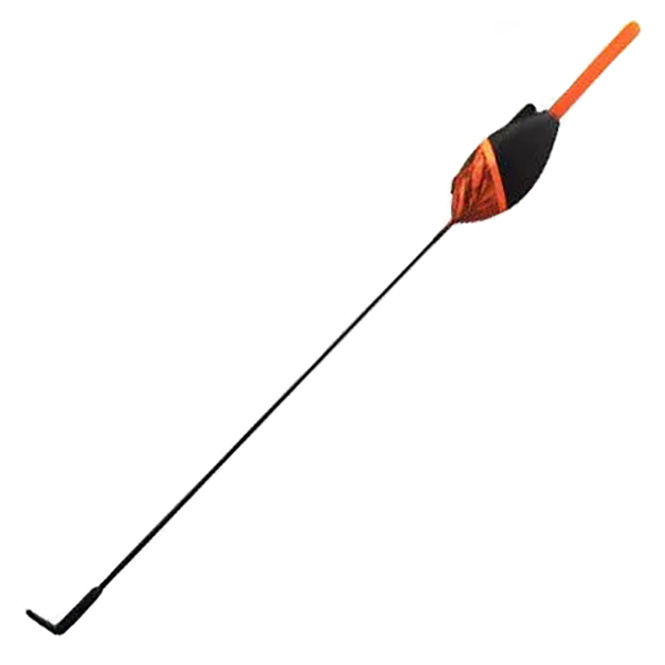 Болонский поплавок с прорезью в теле, куда вставлена трубка для прохождения лески. Внизу буквой "Г" крепеж с отверстием для прохождения лески. Поплавок скользит в двух местахвдоль свое тела до стопорного узла.