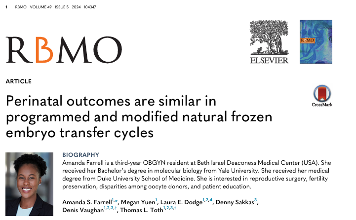 Farrell AS, Yuen M, Dodge LE, Sakkas D, Vaughan D, Toth TL. Perinatal outcomes are similar in programmed and modified natural frozen embryo transfer cycles. Reprod Biomed Online. 2024 Nov;49(5):104347. doi: 10.1016/j.rbmo.2024.104347.