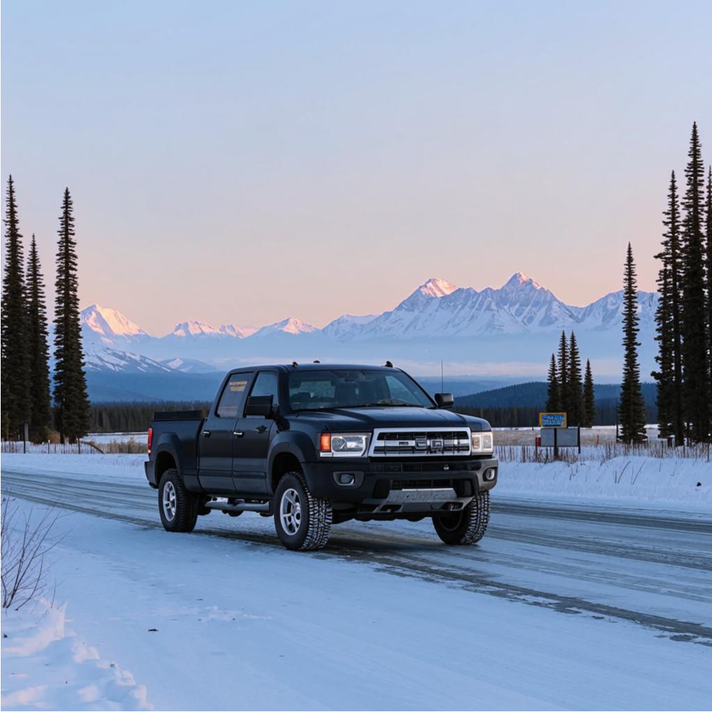 Пикап, припаркованный у дороги возле моста через Тазлину. Создано нейросетью Кандинский.  