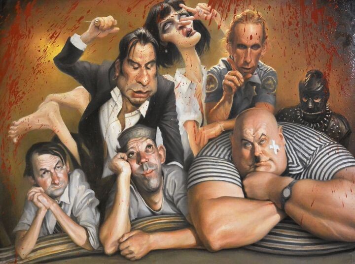 ШАРЖ от художника - карикатуриста ДЕНИСА ЛОПАТИНА на персонажей советского фильма " КАВКАЗСКАЯ ПЛЕННИЦА" и фильма от ТАРАНТИНО " КРИМИНАЛЬНОЕ ЧТИВО "