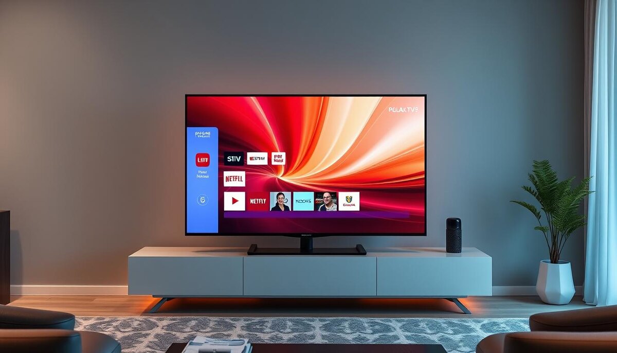 A sleek 42-inch POLARLINE Smart TV, modern design with thin bezels, positioned in a contemporary living room setting, featuring a minimalist entertainment center, soft ambient lighting, and stylish décor elements, showcasing the TV screen displaying a vibrant visual interface, with an emphasis on elegance and functionality.

